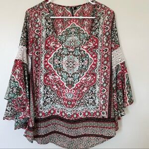 HeartSoul Red & Green Bohemian 3/4 Sleeve Blouse. Size Large.